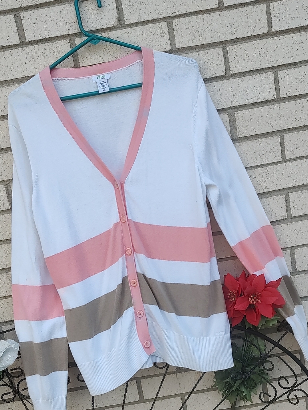 Izod White Pink and Tan Striped V-Neck Cardigan - Picture 2 of 9